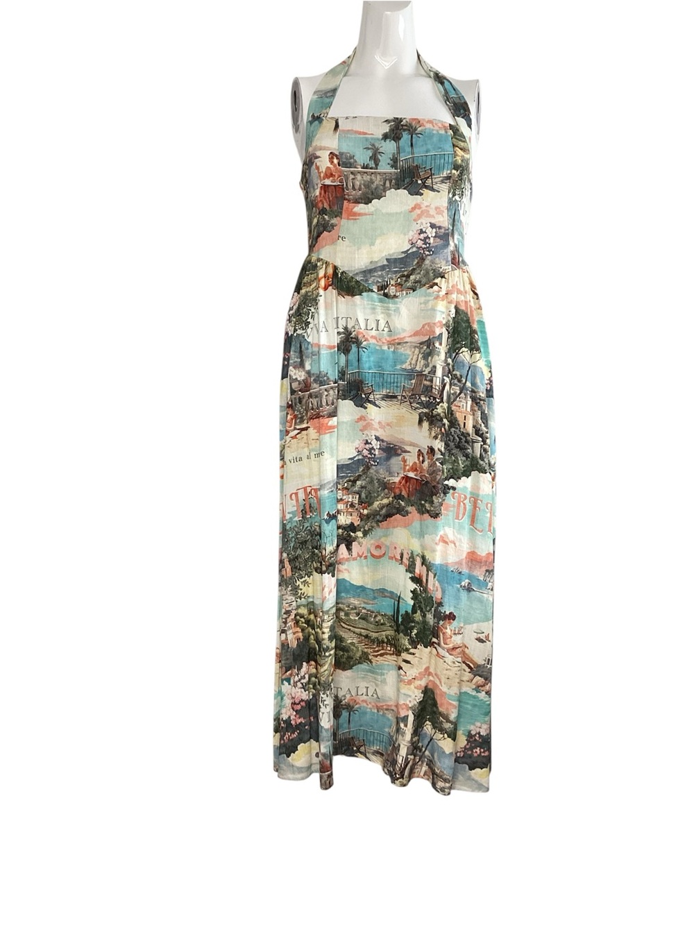 White Closet Linen Blend Scenic Print Halter Maxi Dress in Teal and Coral